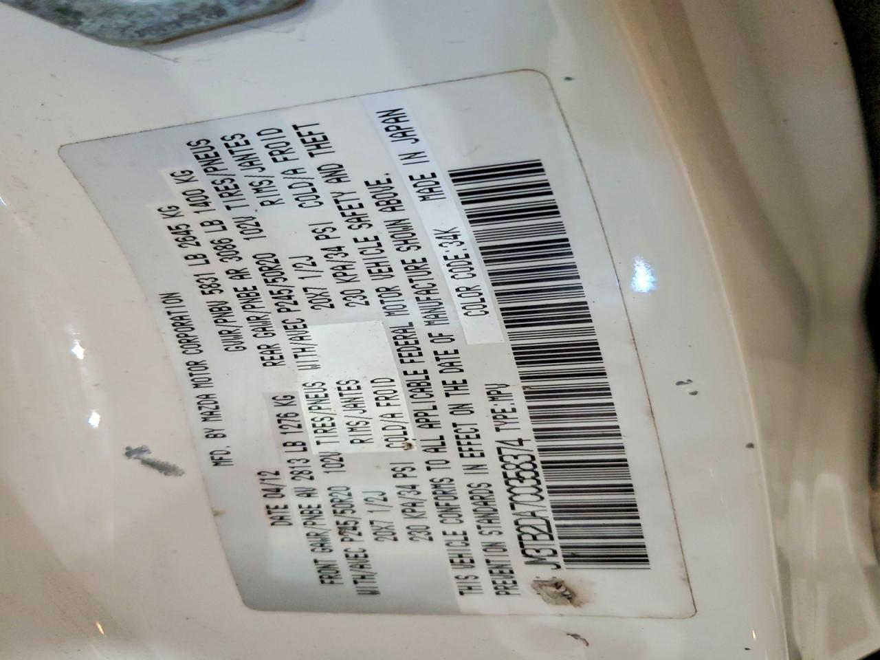 2012 Mazda Cx-9 White vin: JM3TB2DA7C0358374