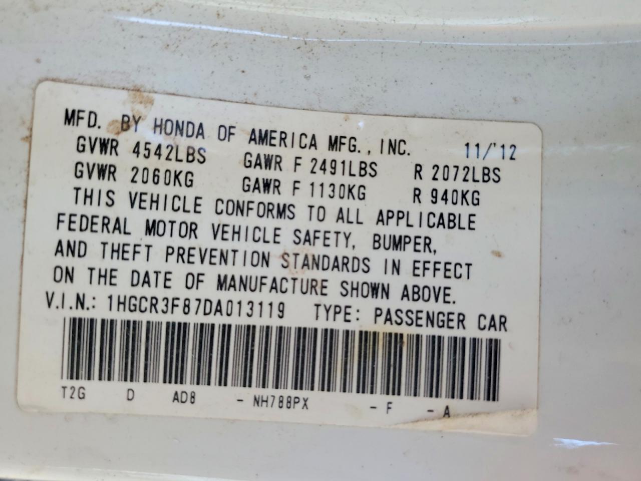 2013 Honda Accord Exl White vin: 1HGCR3F87DA013119
