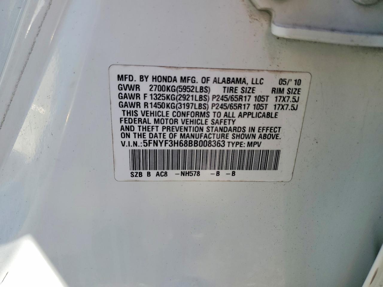 2011 Honda Pilot Exl White vin: 5FNYF3H68BB008363