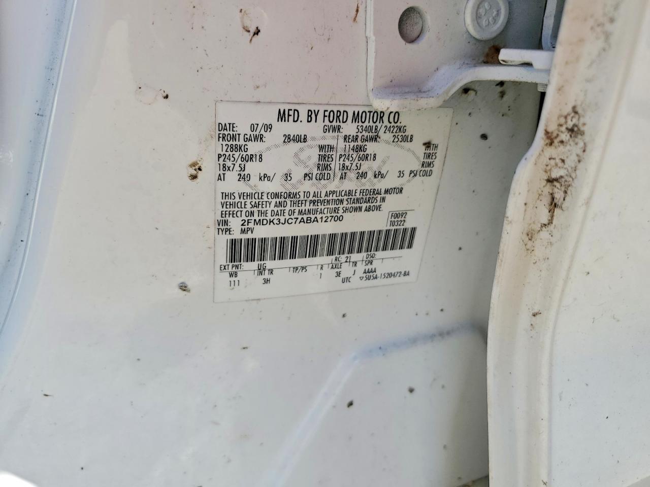 2010 Ford Edge Sel White vin: 2FMDK3JC7ABA12700