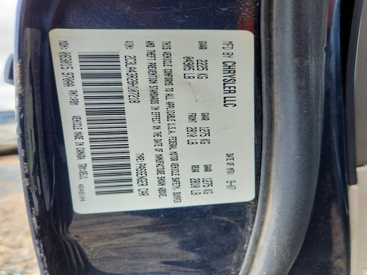 2008 Chrysler 300 Lx Blue vin: 2C3LA43R28H107218