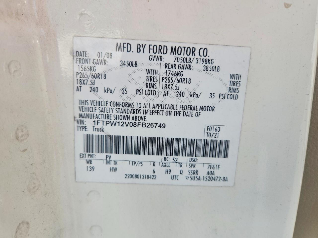 2008 Ford F150 Supercrew Белый vin: 1FTPW12V08FB26749
