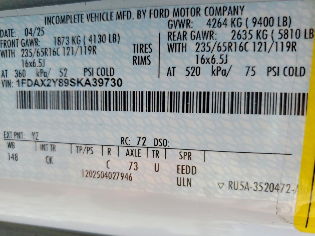 2025 Ford Transit T-350 White vin: 1FDAX2Y89SKA39730