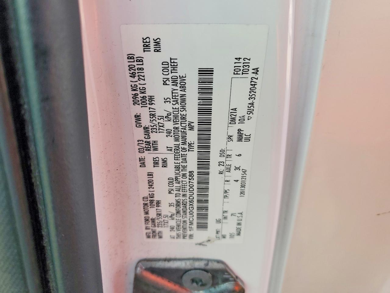 2013 Ford Escape Se White vin: 1FMCU0GX6DUD07588