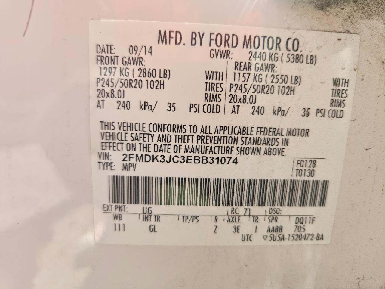 2014 Ford Edge Sel White vin: 2FMDK3JC3EBB31074