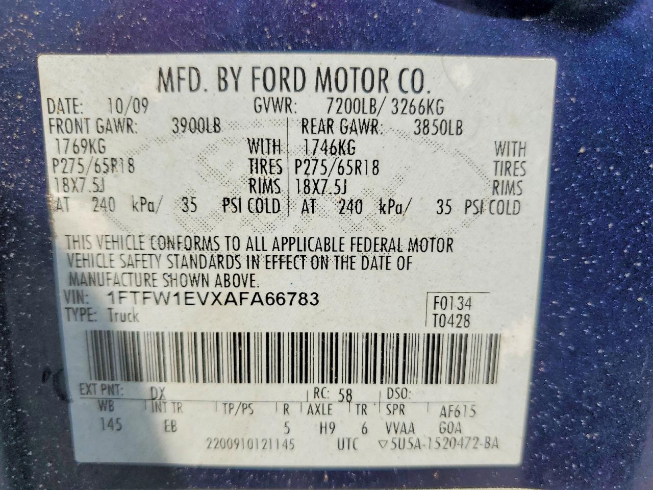 2010 Ford F150 Supercrew Blue vin: 1FTFW1EVXAFA66783