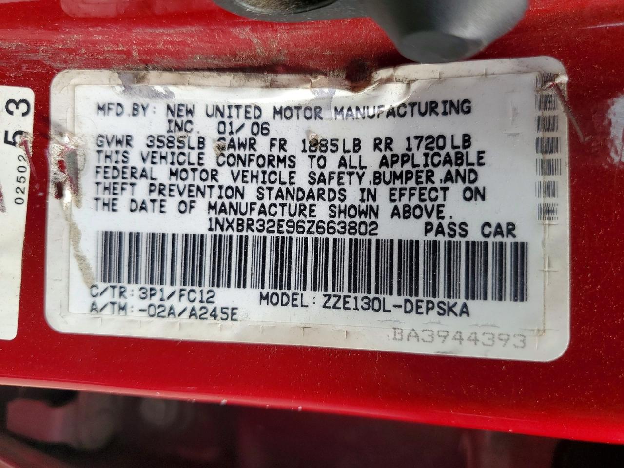 2006 Toyota Corolla S Red vin: 1NXBR32E96Z663802
