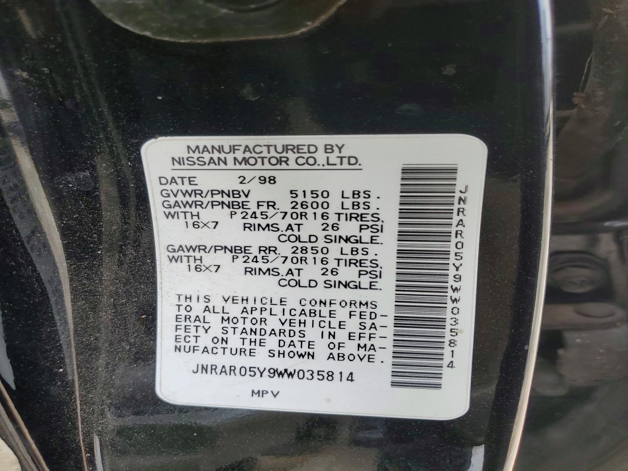 1998 Infiniti Qx4 Base Black vin: JNRAR05Y9WW035814