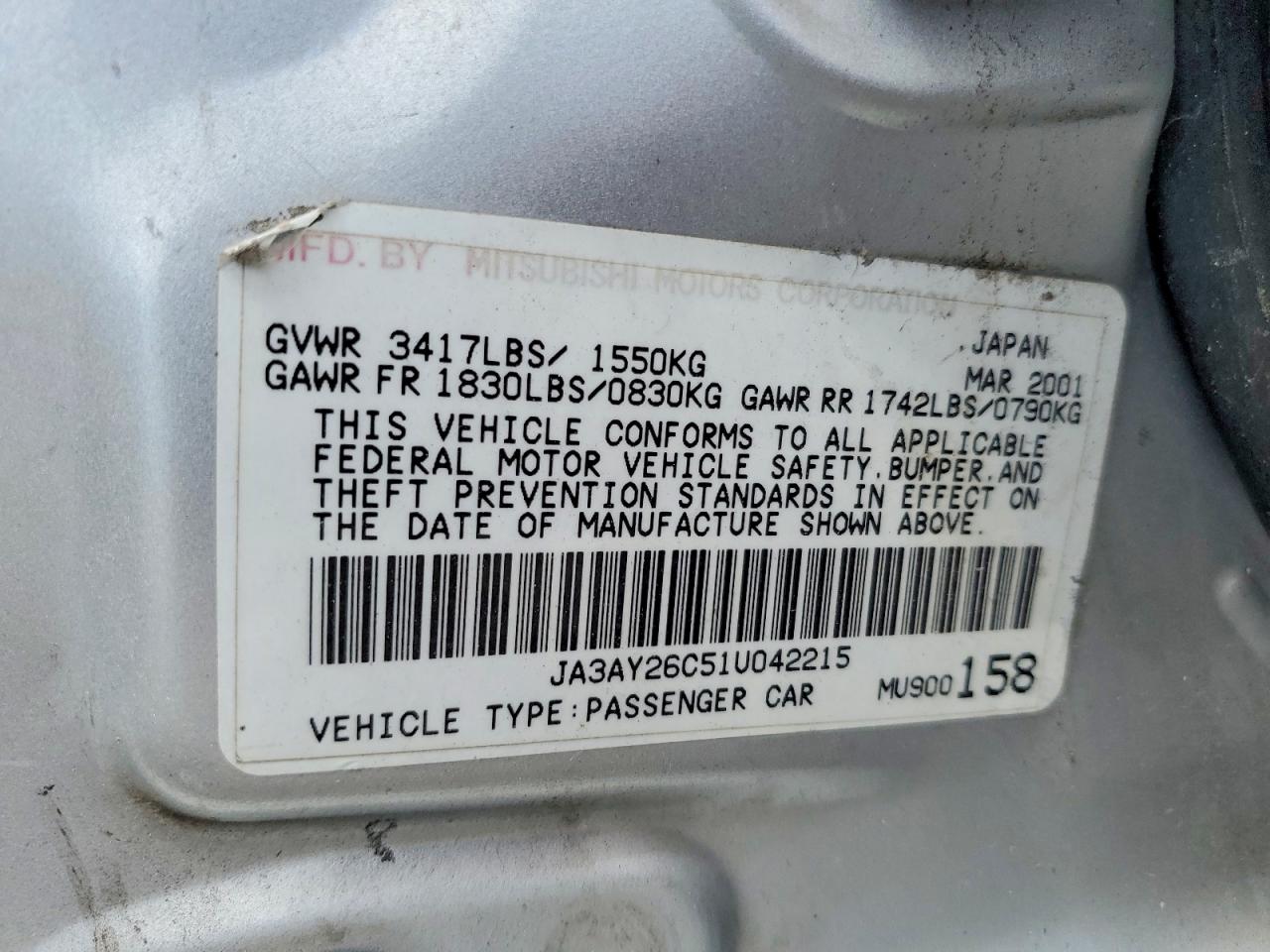 2001 Mitsubishi Mirage Es Silver vin: JA3AY26C51U042215