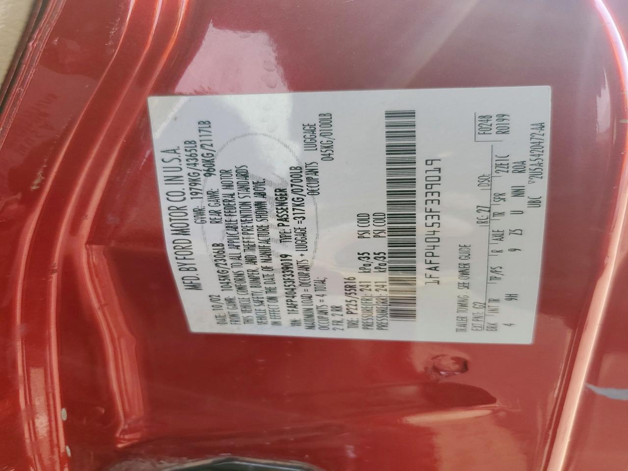 2003 Ford Mustang 2dr Red vin: 1FAFP40453F339019