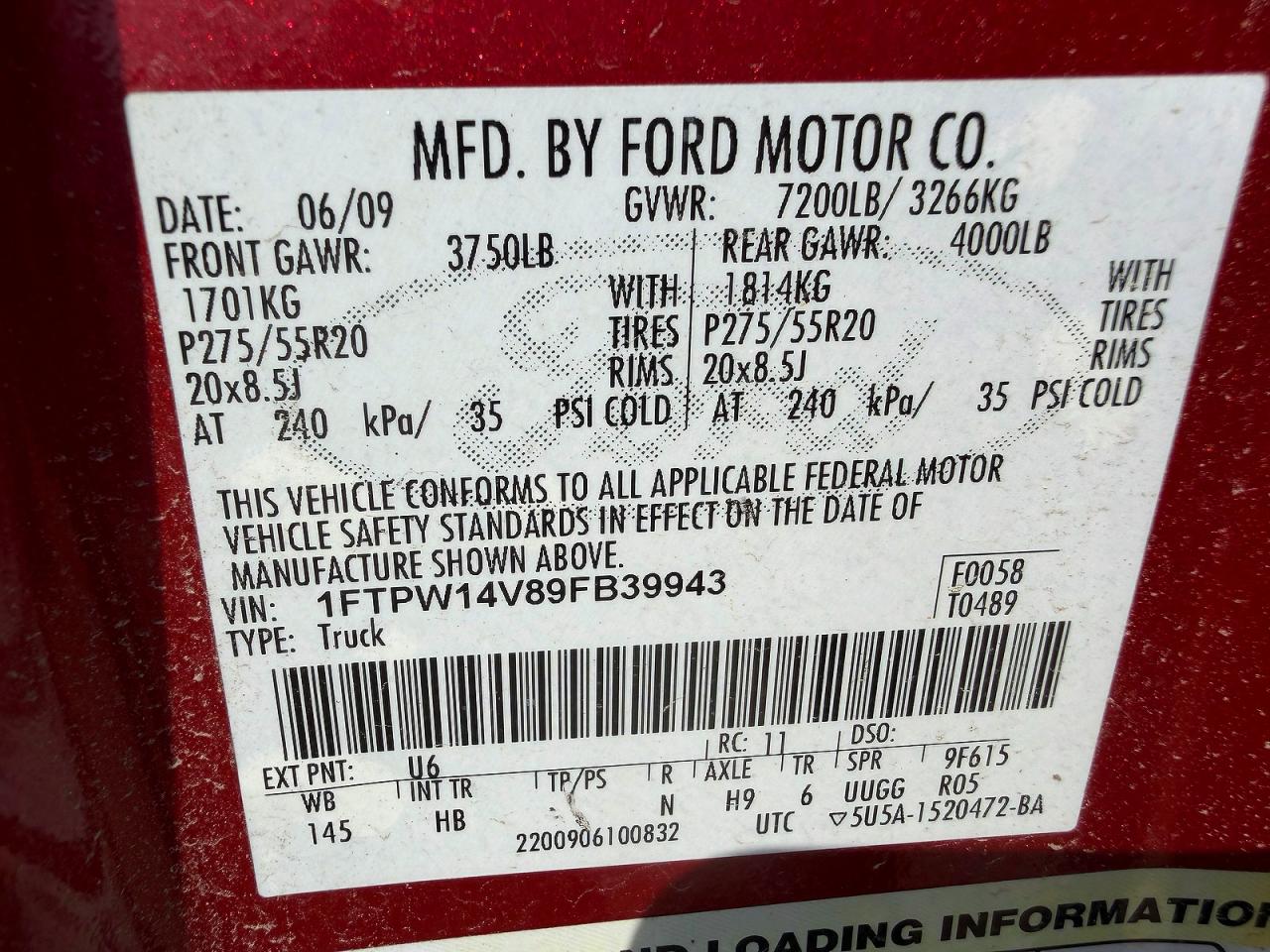 2009 Ford F150 Supercrew Red vin: 1FTPW14V89FB39943
