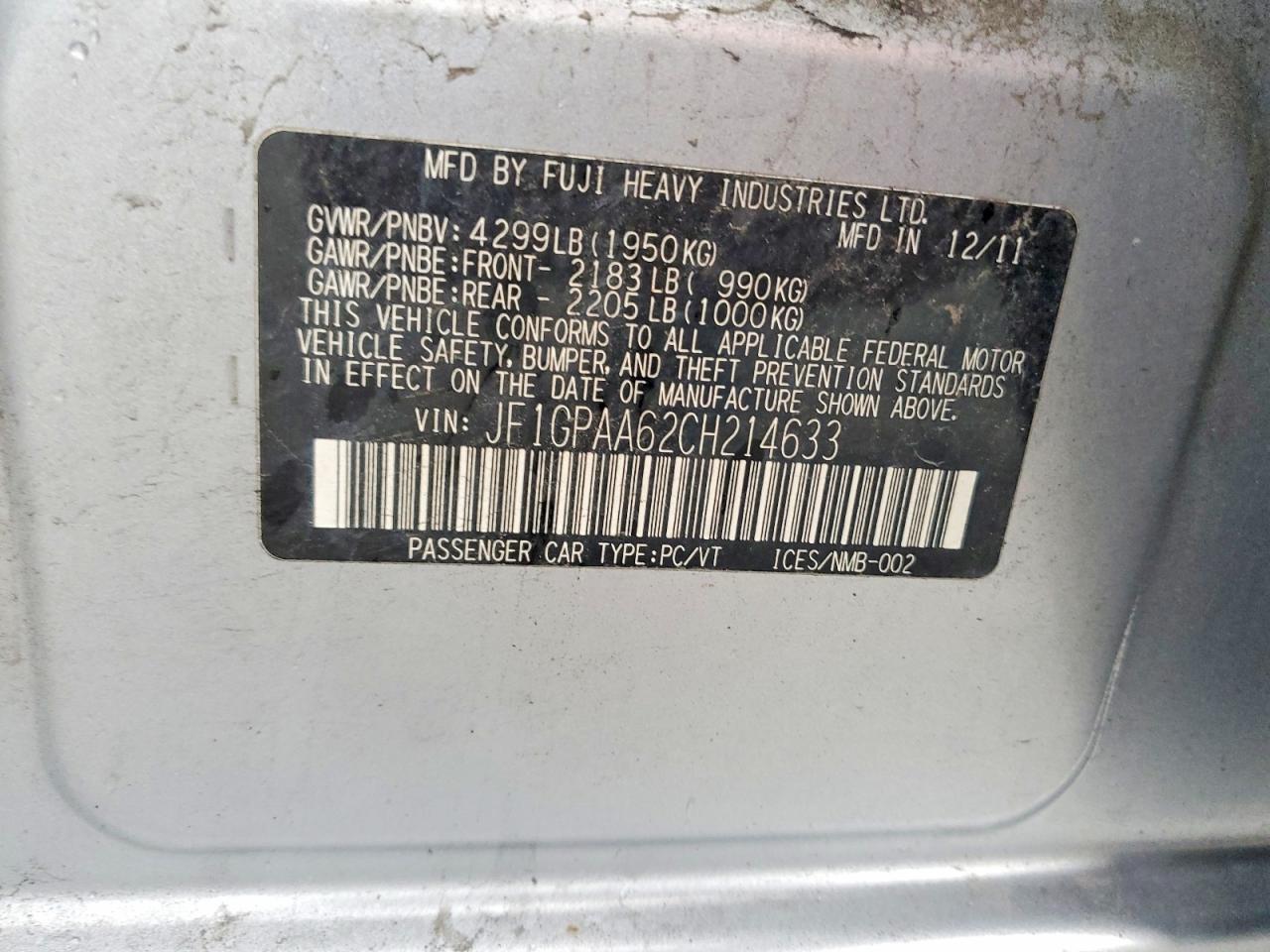 2012 Subaru Impreza Gray vin: JF1GPAA62CH214633