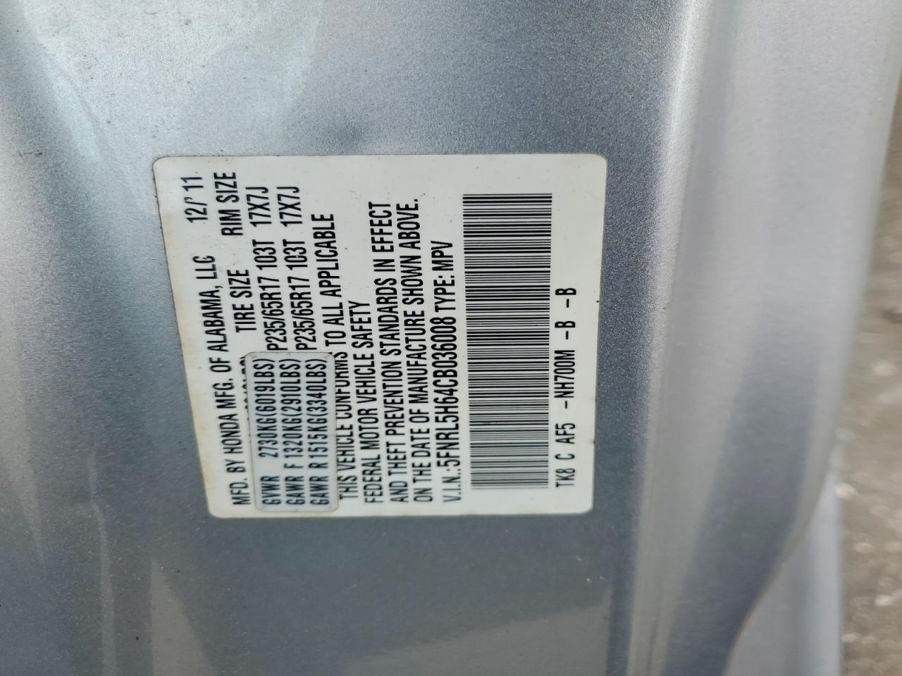2012 Honda Odyssey Exl Silver vin: 5FNRL5H64CB036008