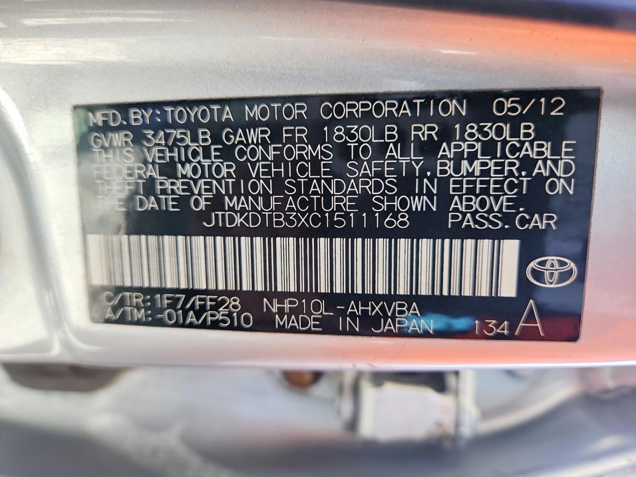 2012 Toyota Prius C Two Серебряный vin: JTDKDTB3XC1511168