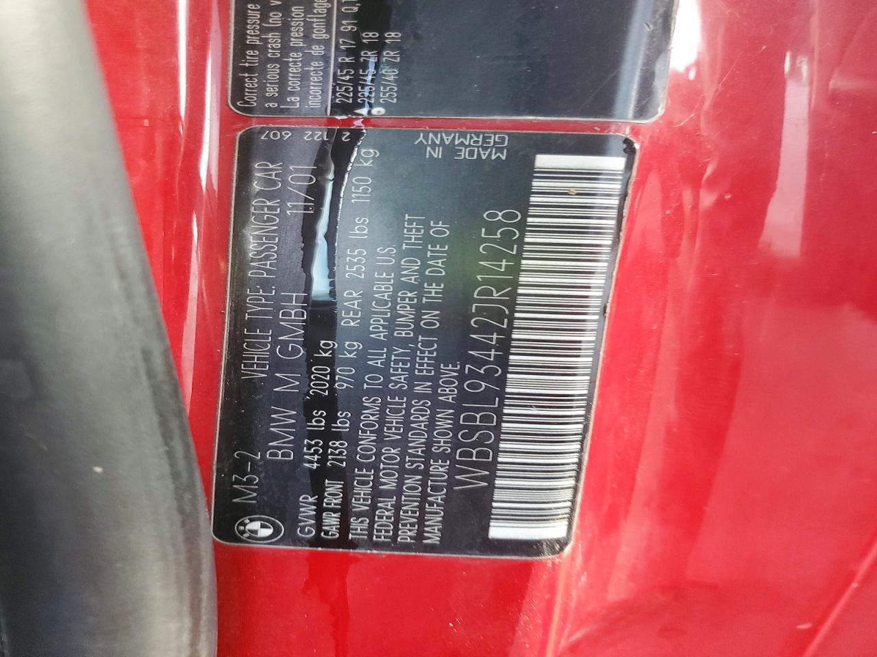 2002 Bmw Motorrad M3 Red vin: WBSBL93442JR14258
