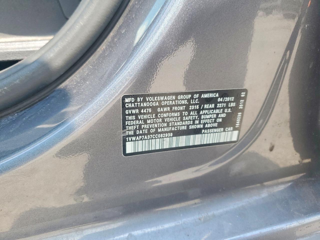 2012 Volkswagen Passat S Charcoal vin: 1VWAP7A37CC082939
