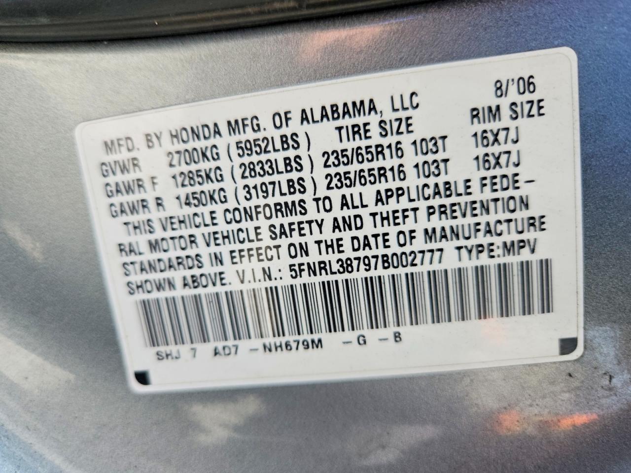 2007 Honda Odyssey Exl Silver vin: 5FNRL38797B002777