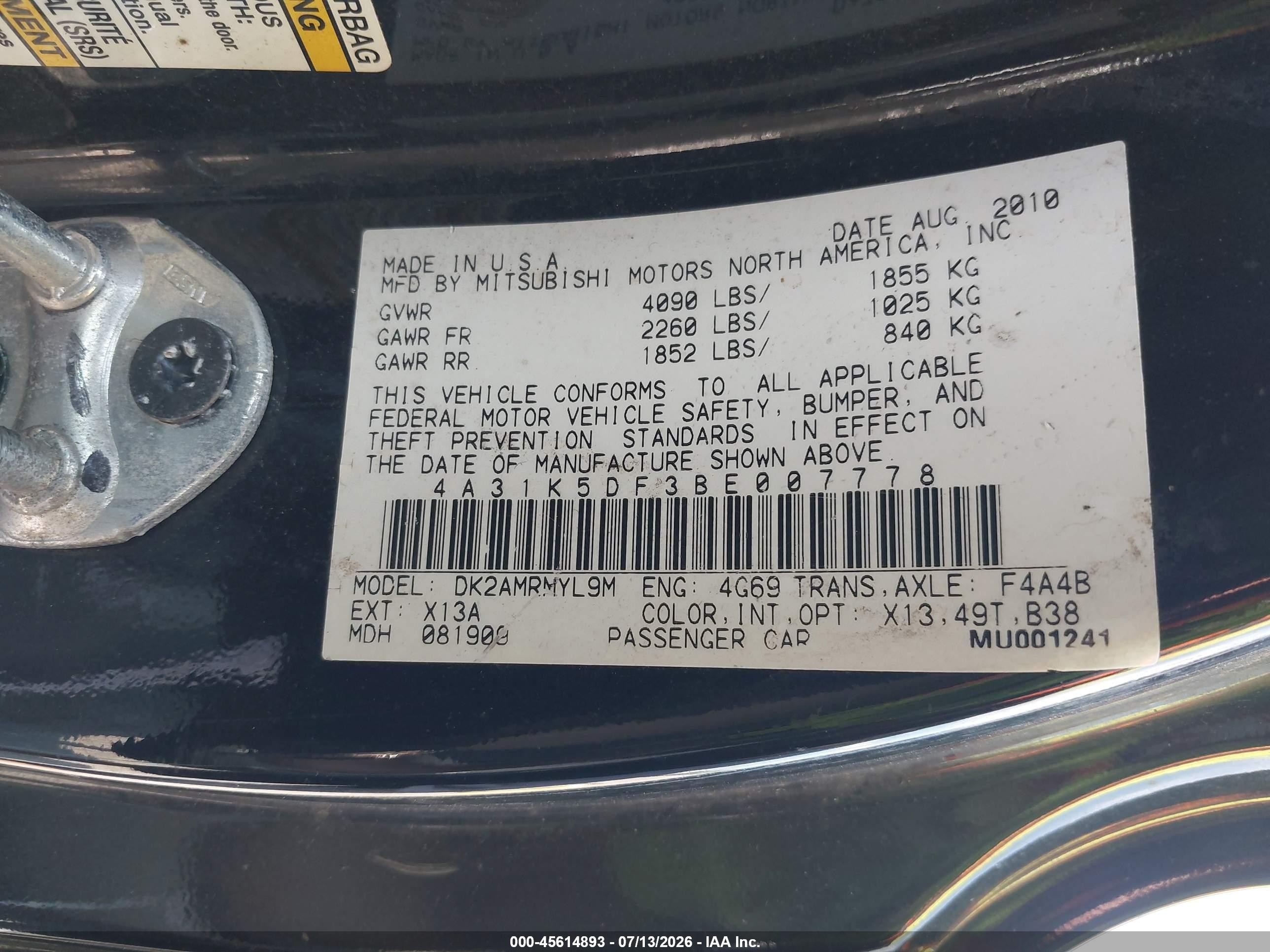 2011 Mitsubishi Eclipse Gs/gs Sport Black vin: 4A31K5DF3BE007778
