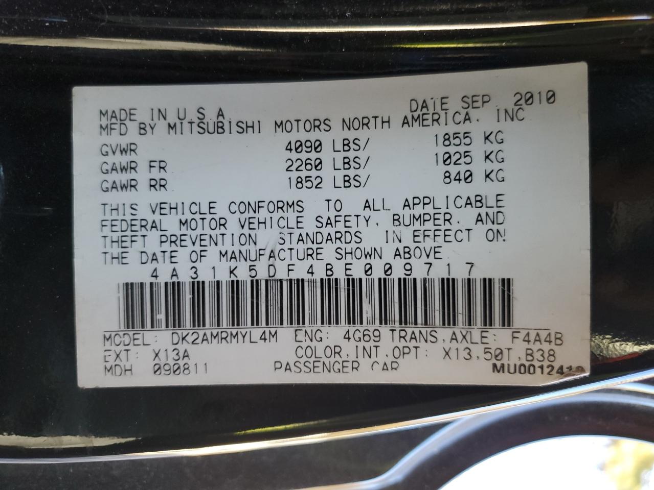 2011 Mitsubishi Eclipse Gs Sport Black vin: 4A31K5DF4BE009717