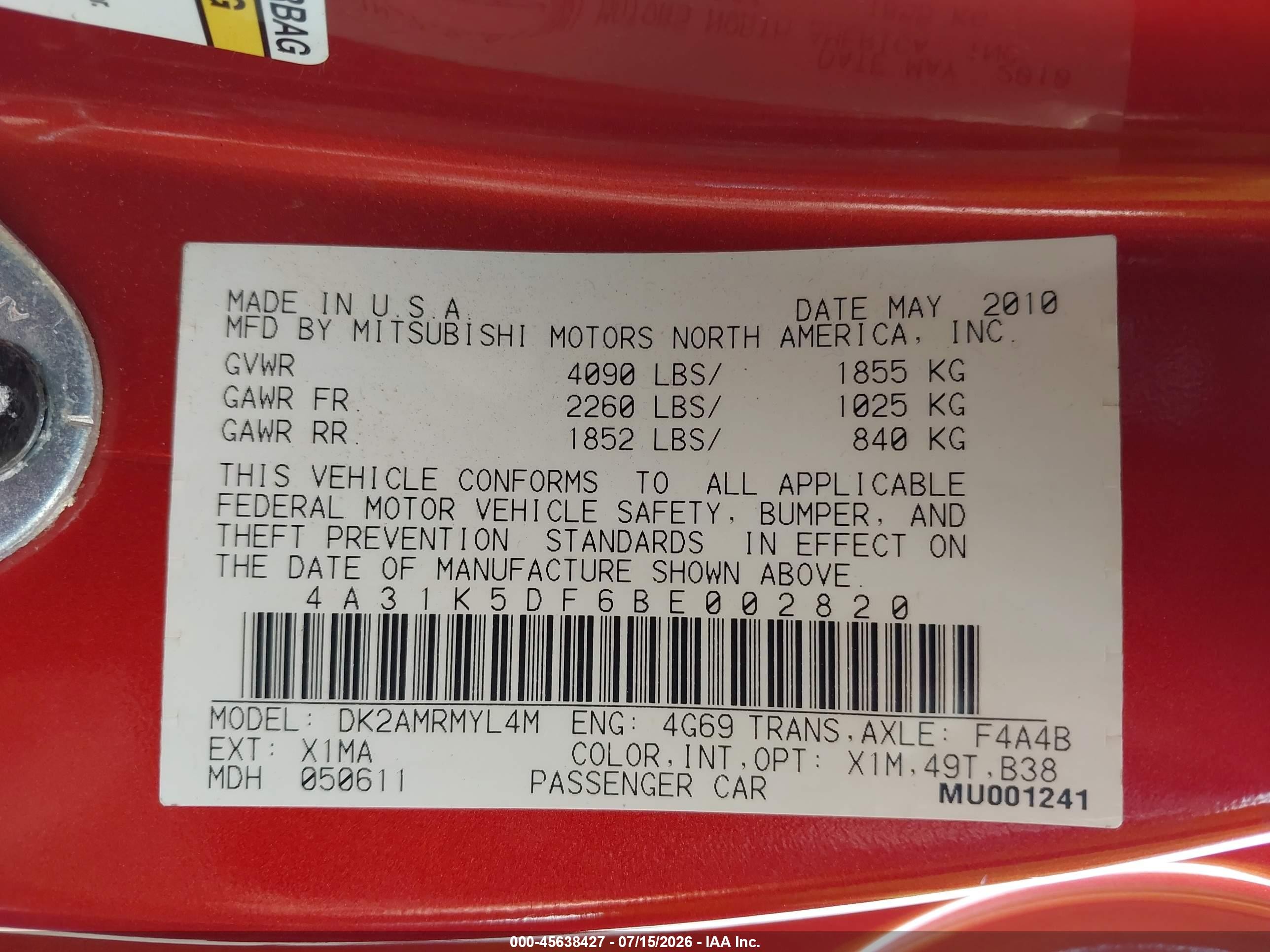 2011 Mitsubishi Eclipse Gs/gs Sport Orange vin: 4A31K5DF6BE002820