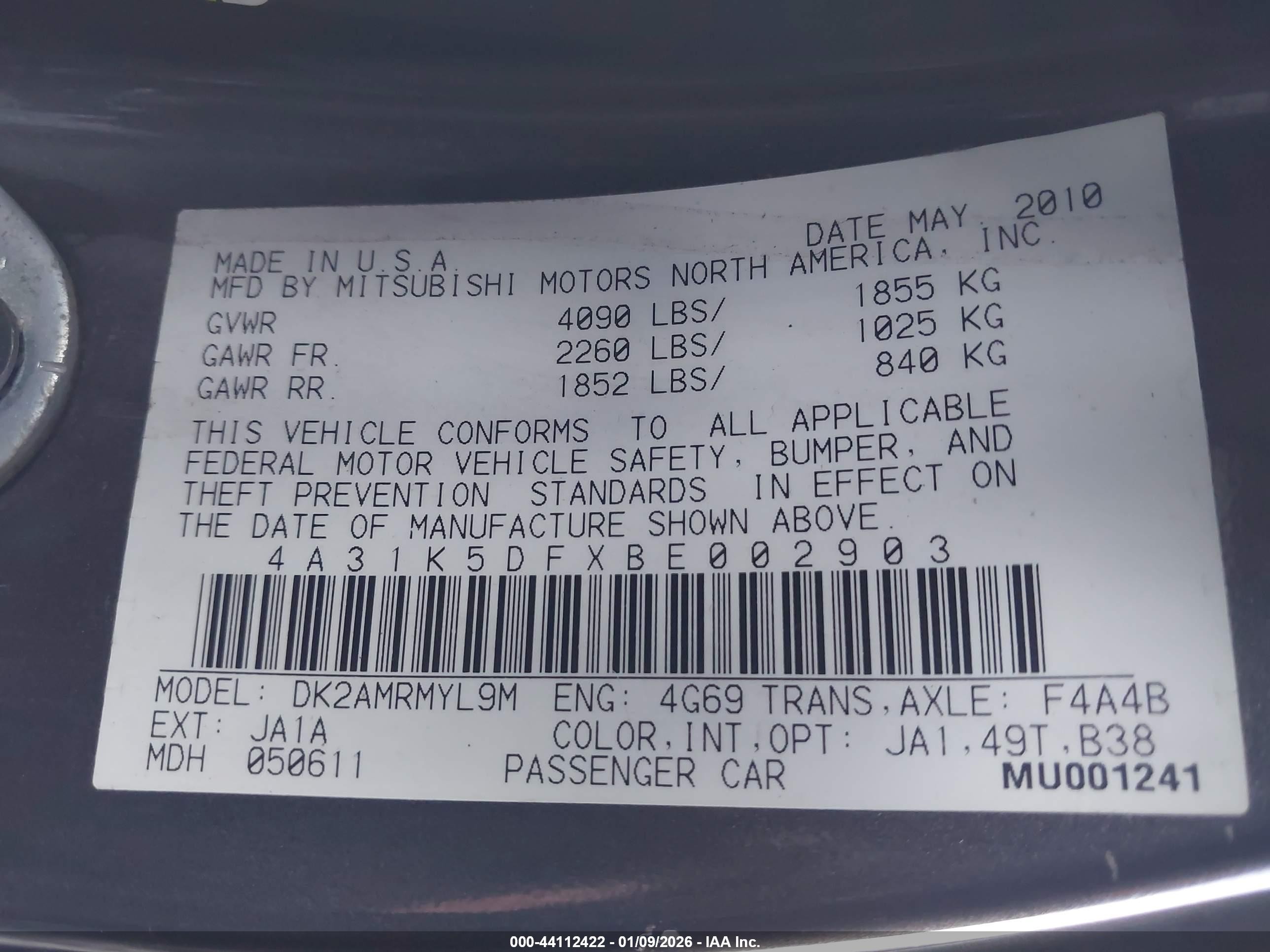 2011 Mitsubishi Eclipse Gs/gs Sport Pewter vin: 4A31K5DFXBE002903