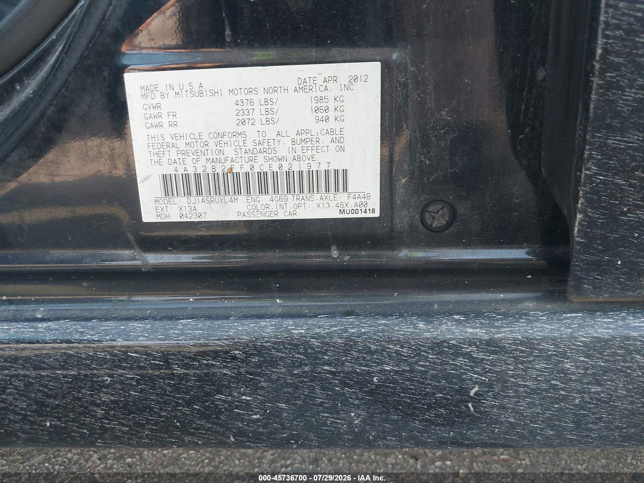 2012 Mitsubishi Galant Fe Black vin: 4A32B2FF0CE021977