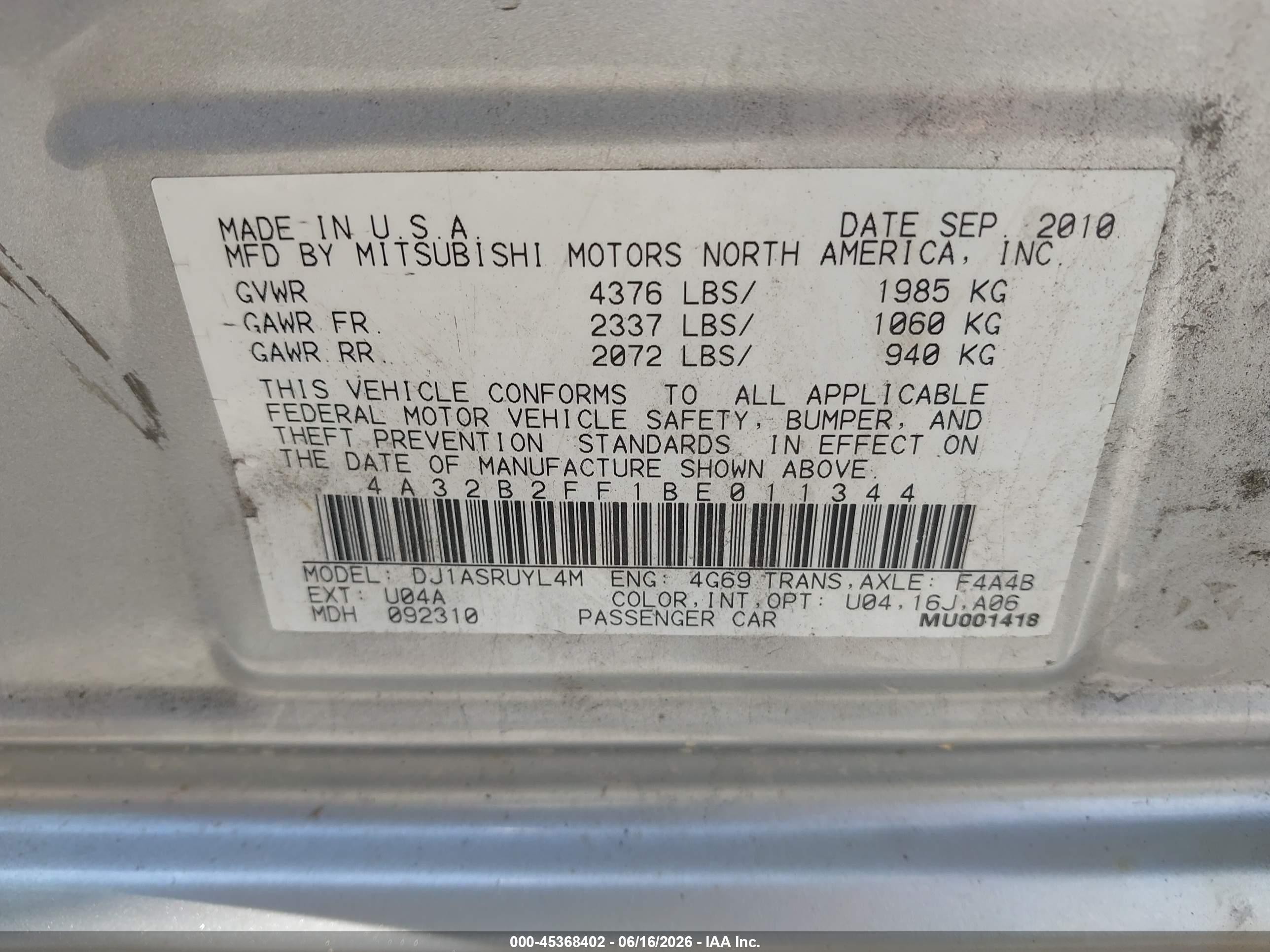 2011 Mitsubishi Galant Fe Silver vin: 4A32B2FF1BE011344