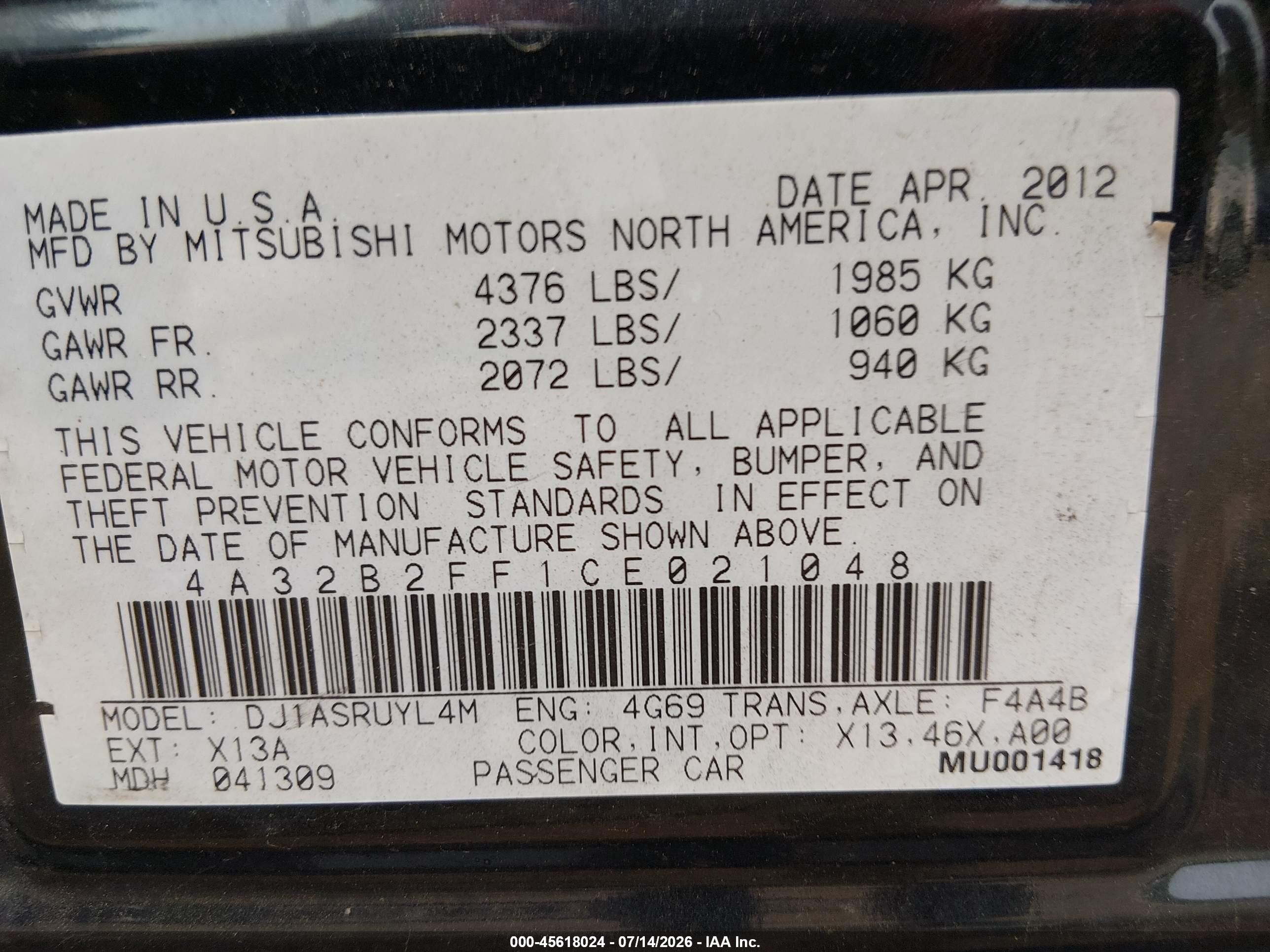 2012 Mitsubishi Galant Fe Black vin: 4A32B2FF1CE021048