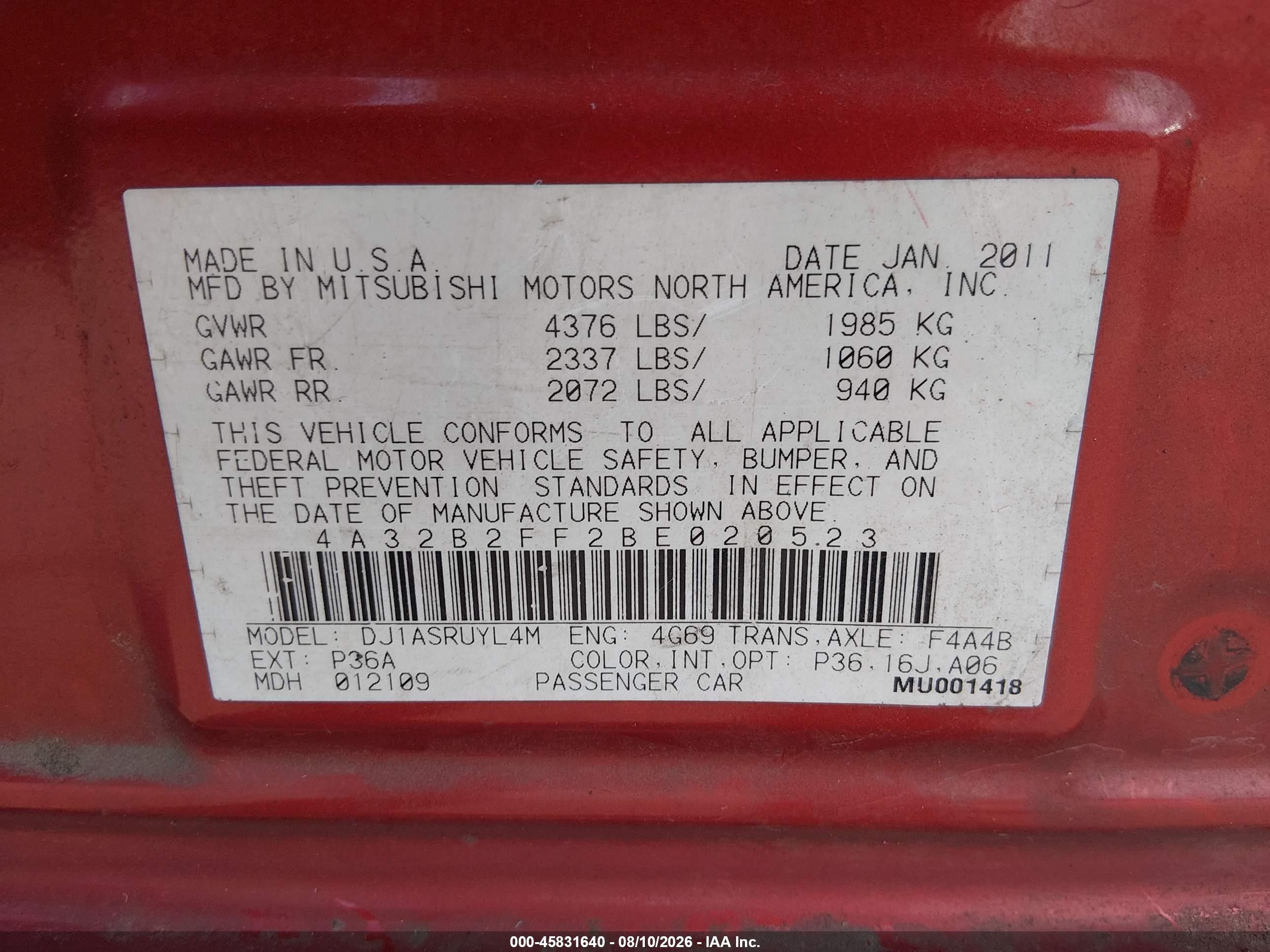 2011 Mitsubishi Galant Fe Red vin: 4A32B2FF2BE020523