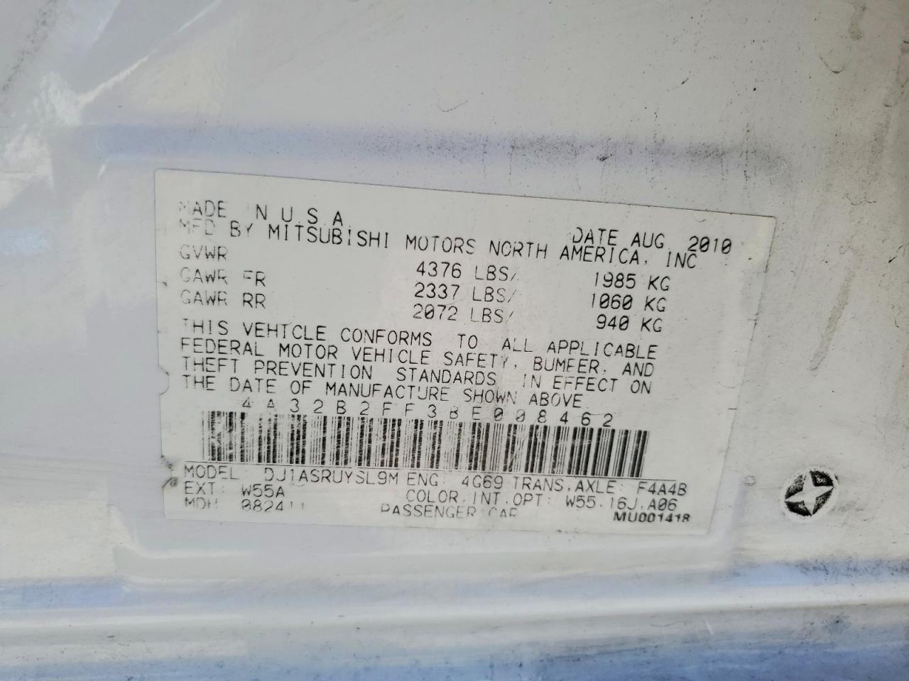 2011 Mitsubishi Galant Fe Белый vin: 4A32B2FF3BE008462