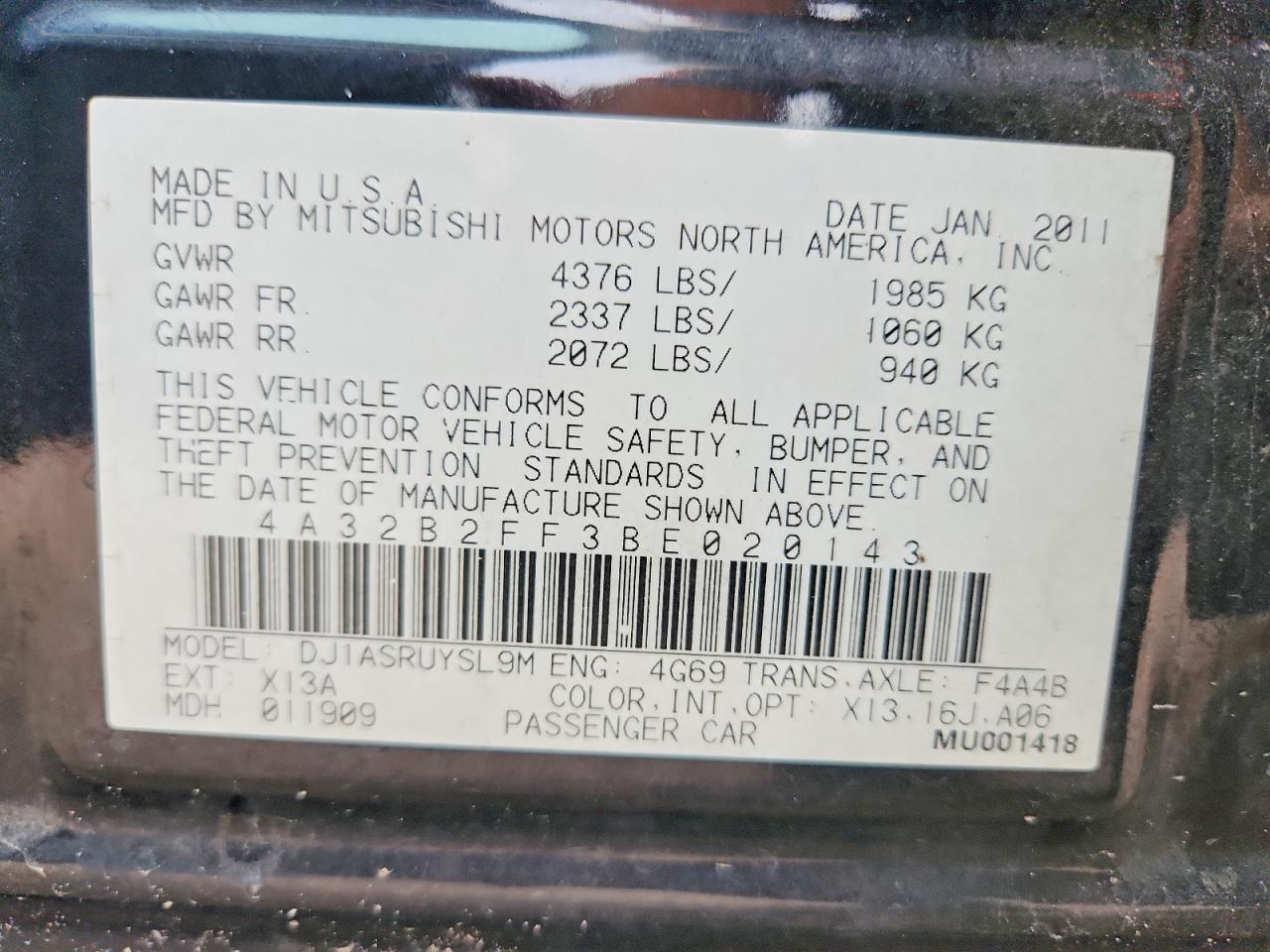 2011 Mitsubishi Galant Fe Black vin: 4A32B2FF3BE020143
