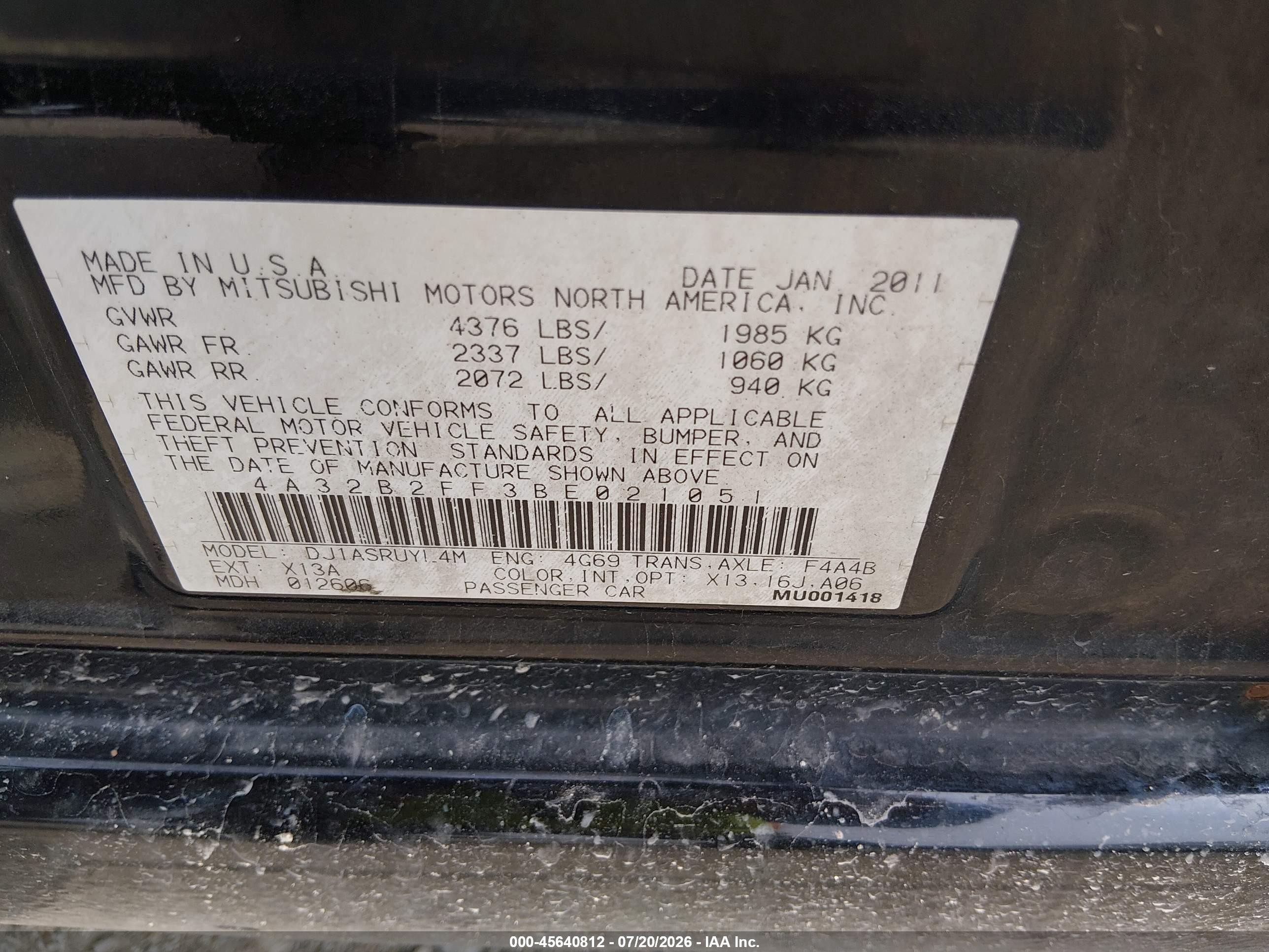 2011 Mitsubishi Galant Fe Black vin: 4A32B2FF3BE021051