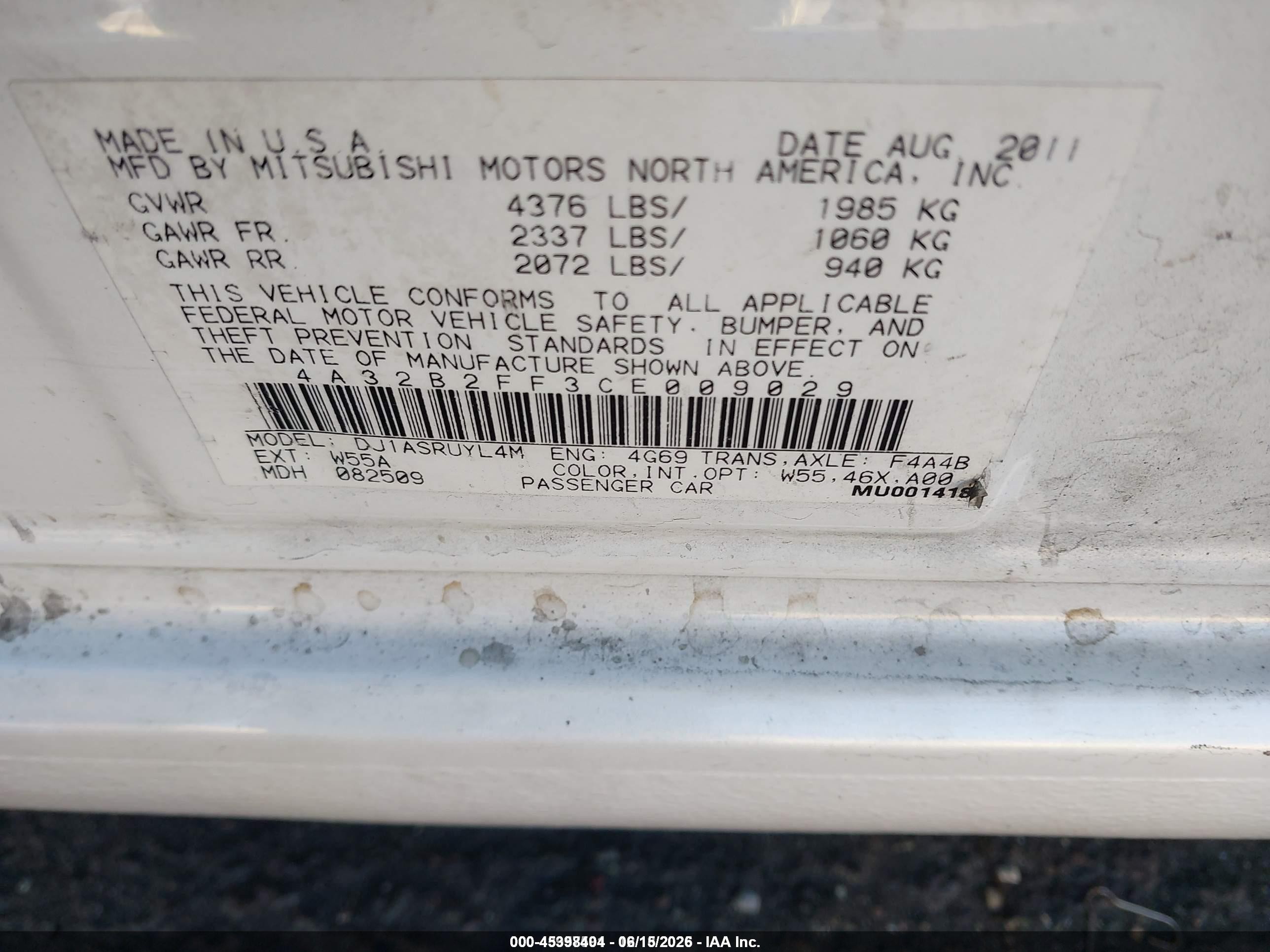 2012 Mitsubishi Galant Fe White vin: 4A32B2FF3CE009029