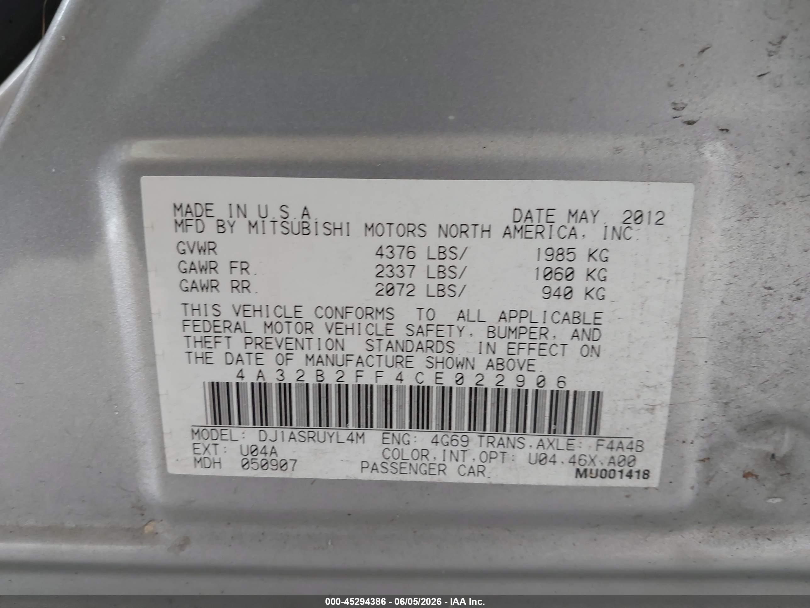 2012 Mitsubishi Galant Fe Silver vin: 4A32B2FF4CE022906