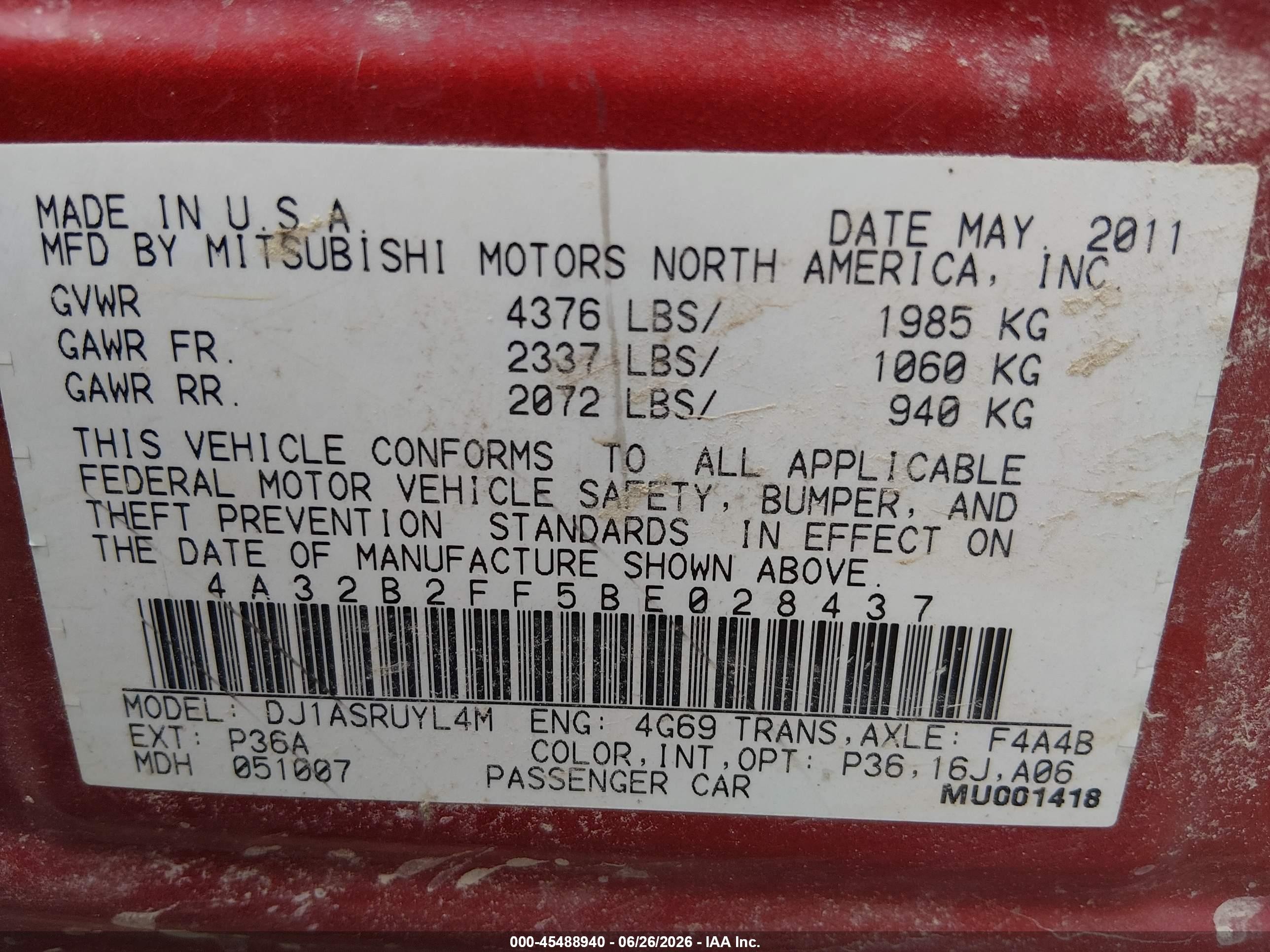 2011 Mitsubishi Galant Fe Красный vin: 4A32B2FF5BE028437