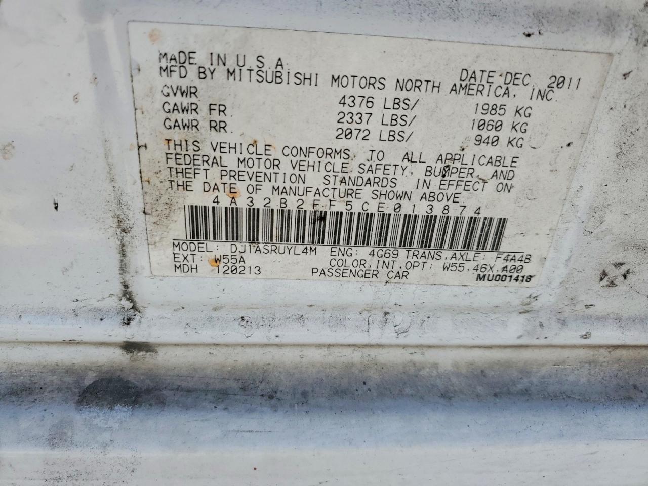 2012 Mitsubishi Galant Fe White vin: 4A32B2FF5CE013874