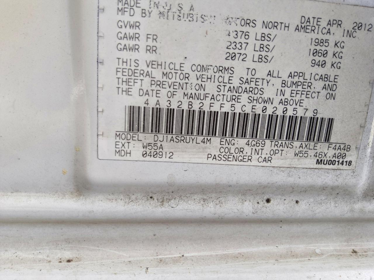2012 Mitsubishi Galant Fe White vin: 4A32B2FF5CE020579