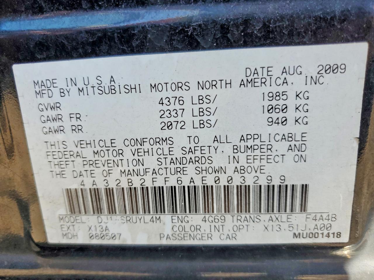 2010 Mitsubishi Galant Fe Black vin: 4A32B2FF6AE003299