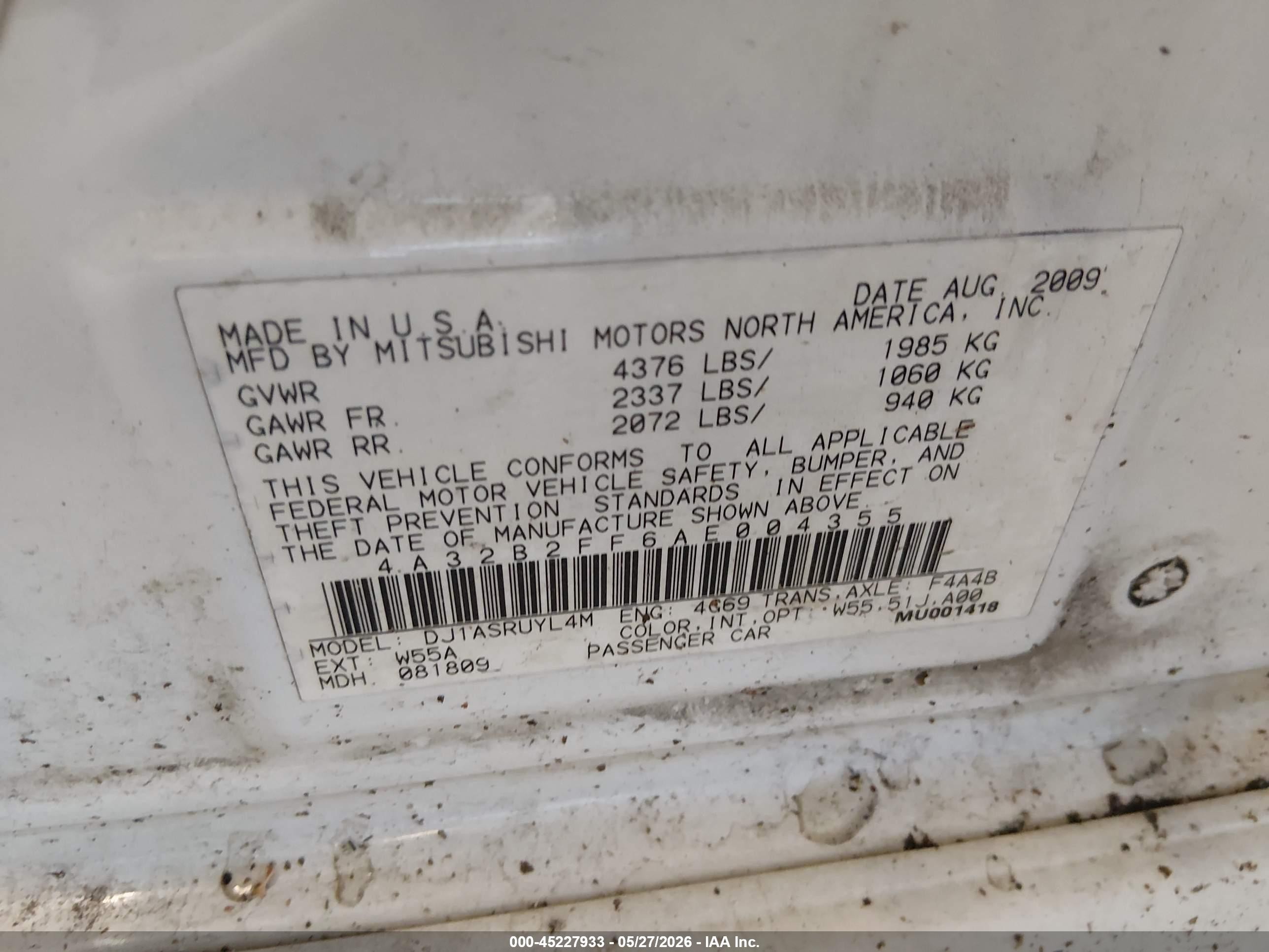 2010 Mitsubishi Galant Fe White vin: 4A32B2FF6AE004355