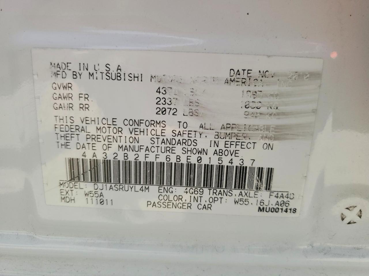 2011 Mitsubishi Galant Fe White vin: 4A32B2FF6BE015437