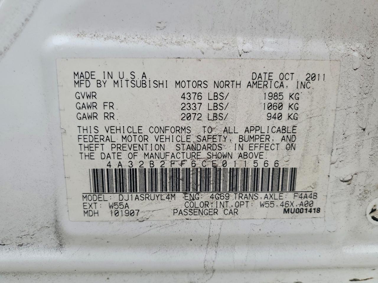 2012 Mitsubishi Galant Fe White vin: 4A32B2FF6CE011566