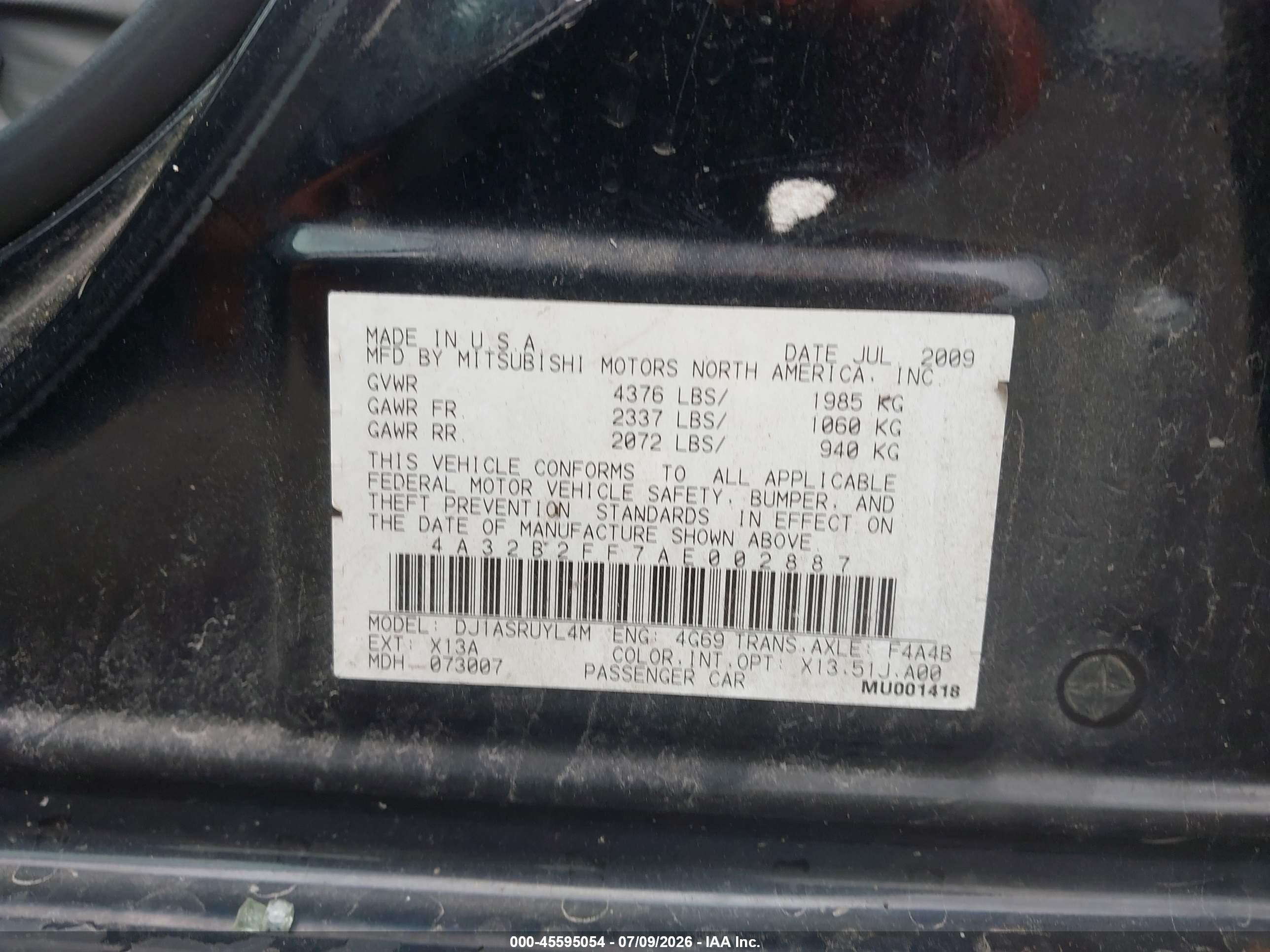 2010 Mitsubishi Galant Fe Black vin: 4A32B2FF7AE002887