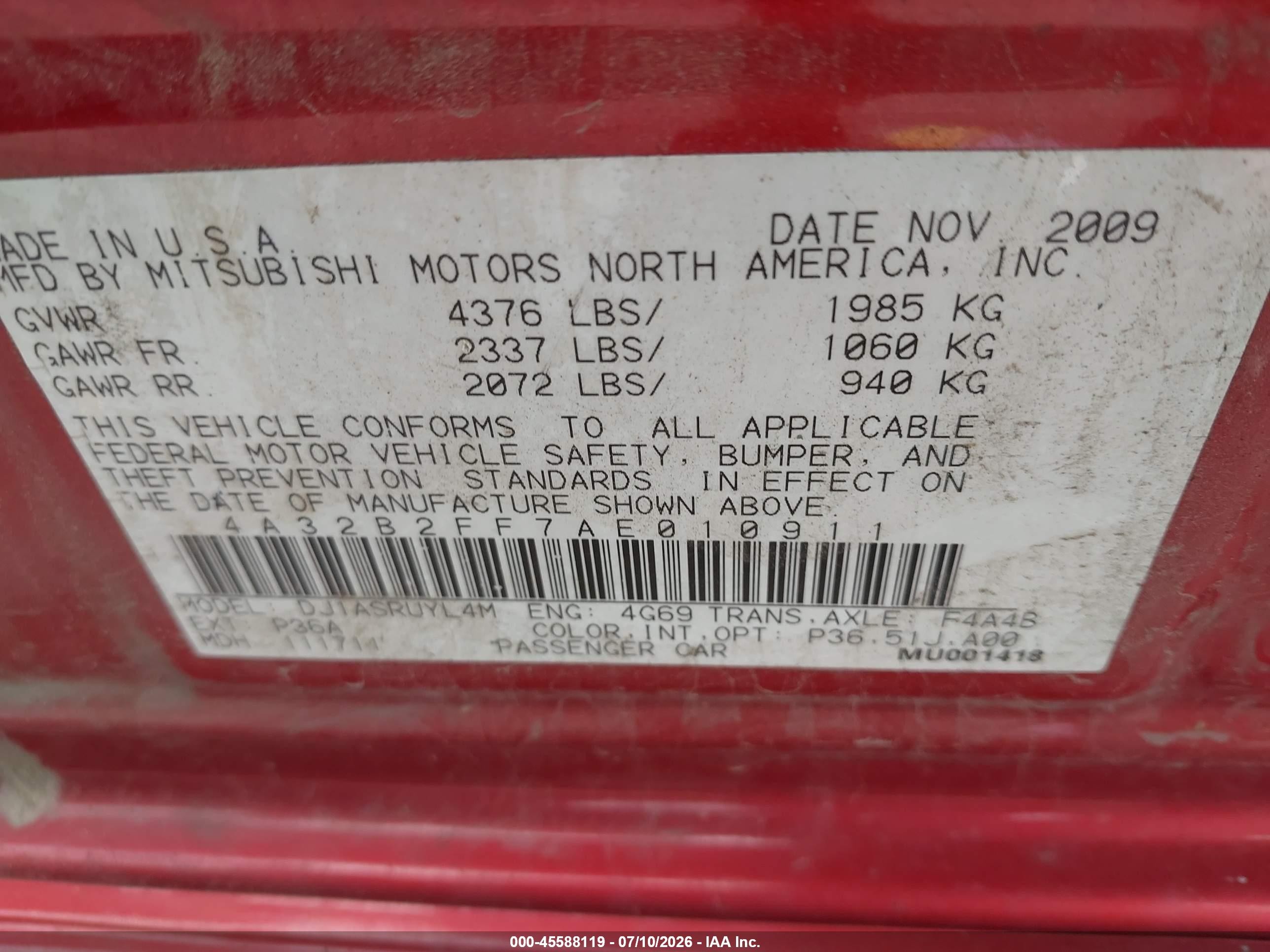 2010 Mitsubishi Galant Fe Orange vin: 4A32B2FF7AE010911