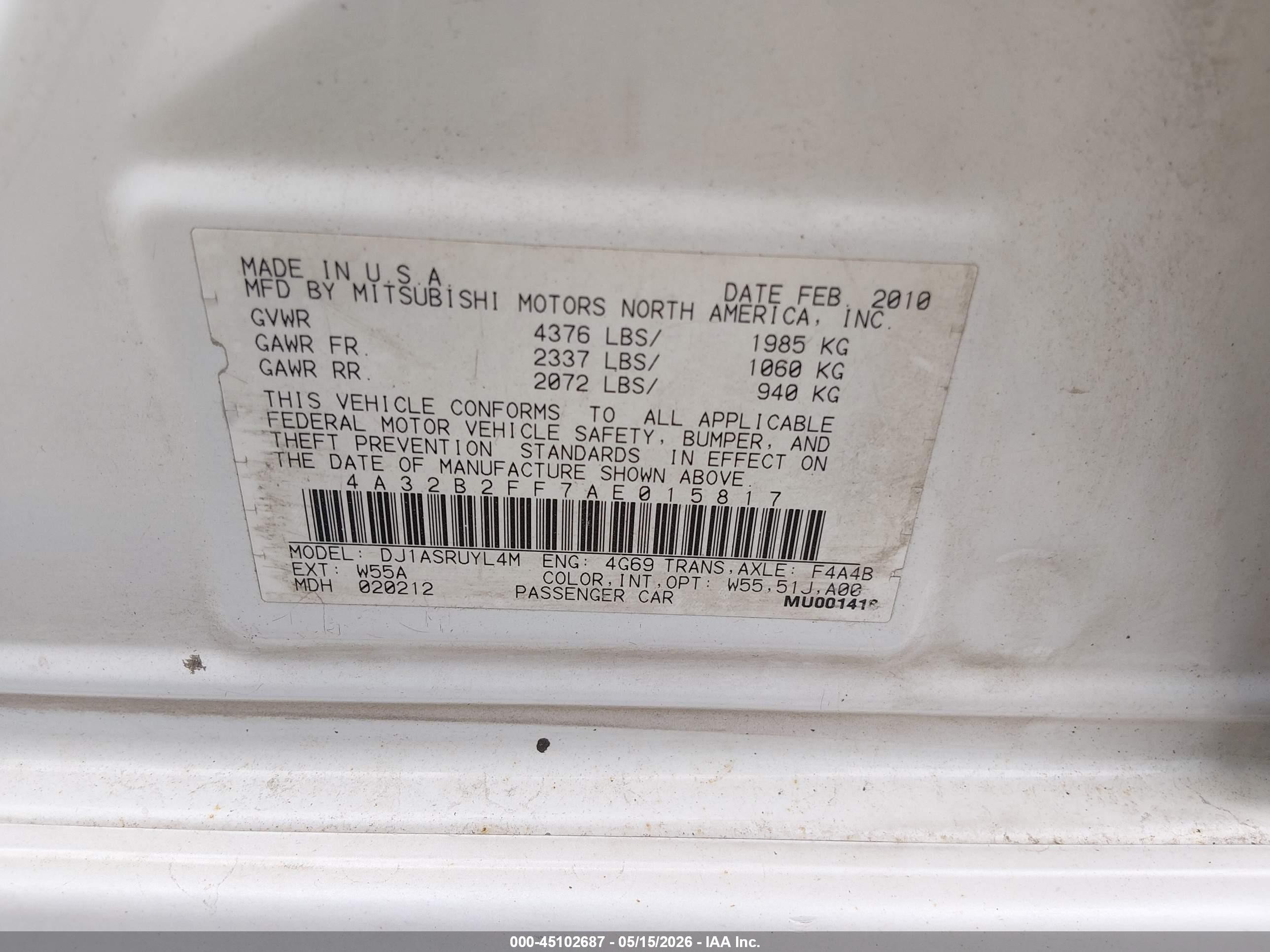 2010 Mitsubishi Galant Fe Белый vin: 4A32B2FF7AE015817