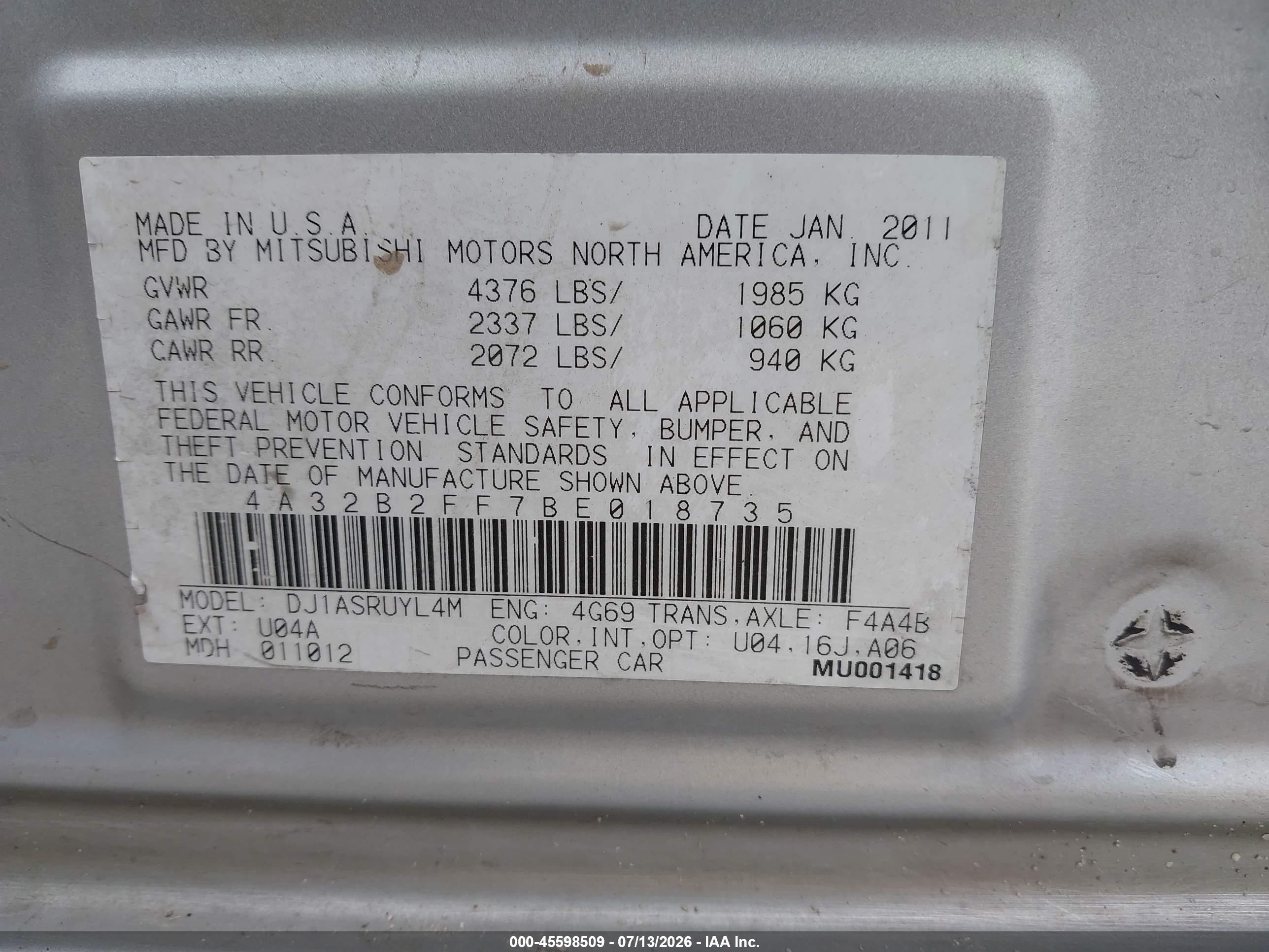 2011 Mitsubishi Galant Fe Silver vin: 4A32B2FF7BE018735