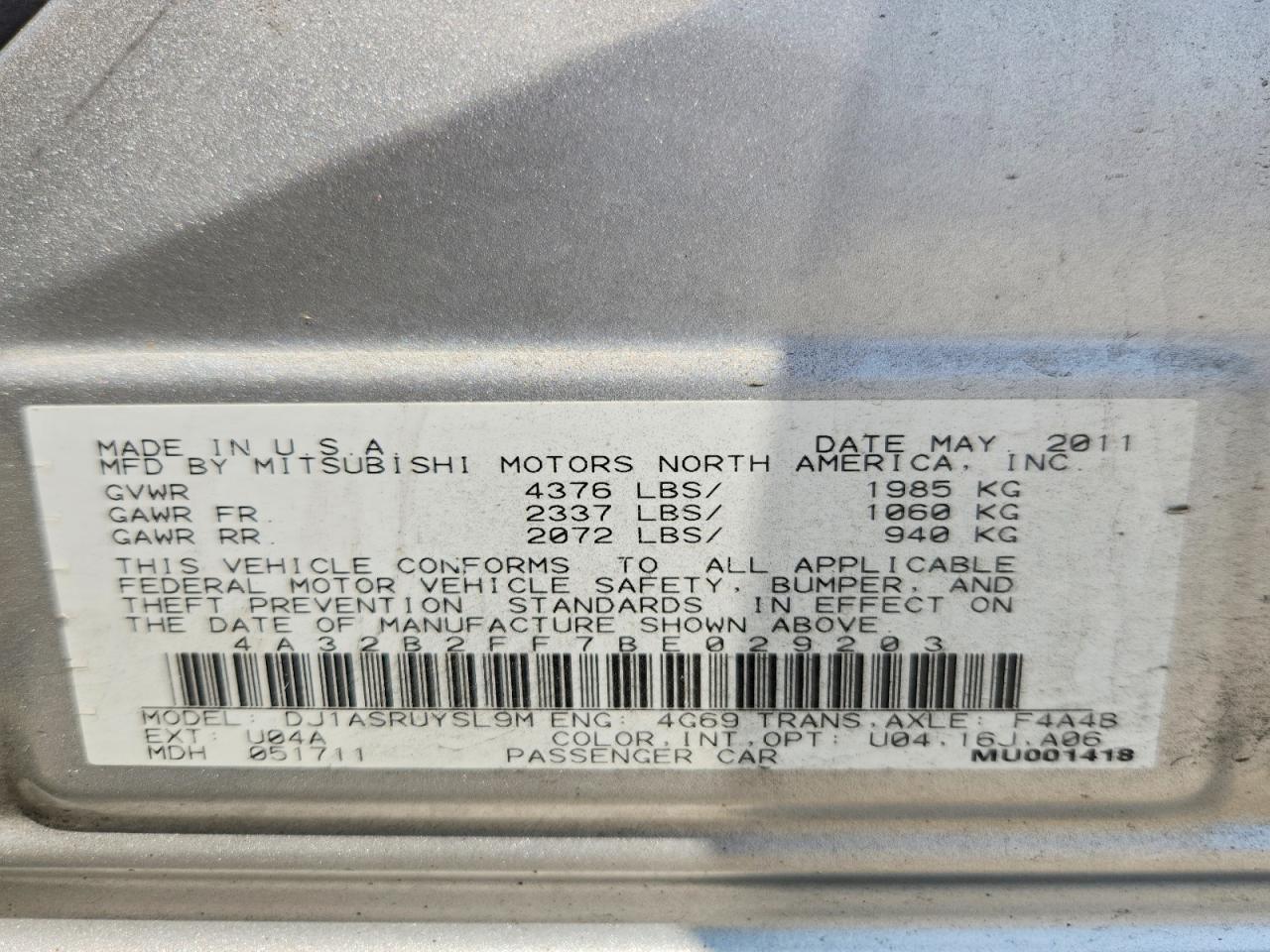 2011 Mitsubishi Galant Fe Silver vin: 4A32B2FF7BE029203