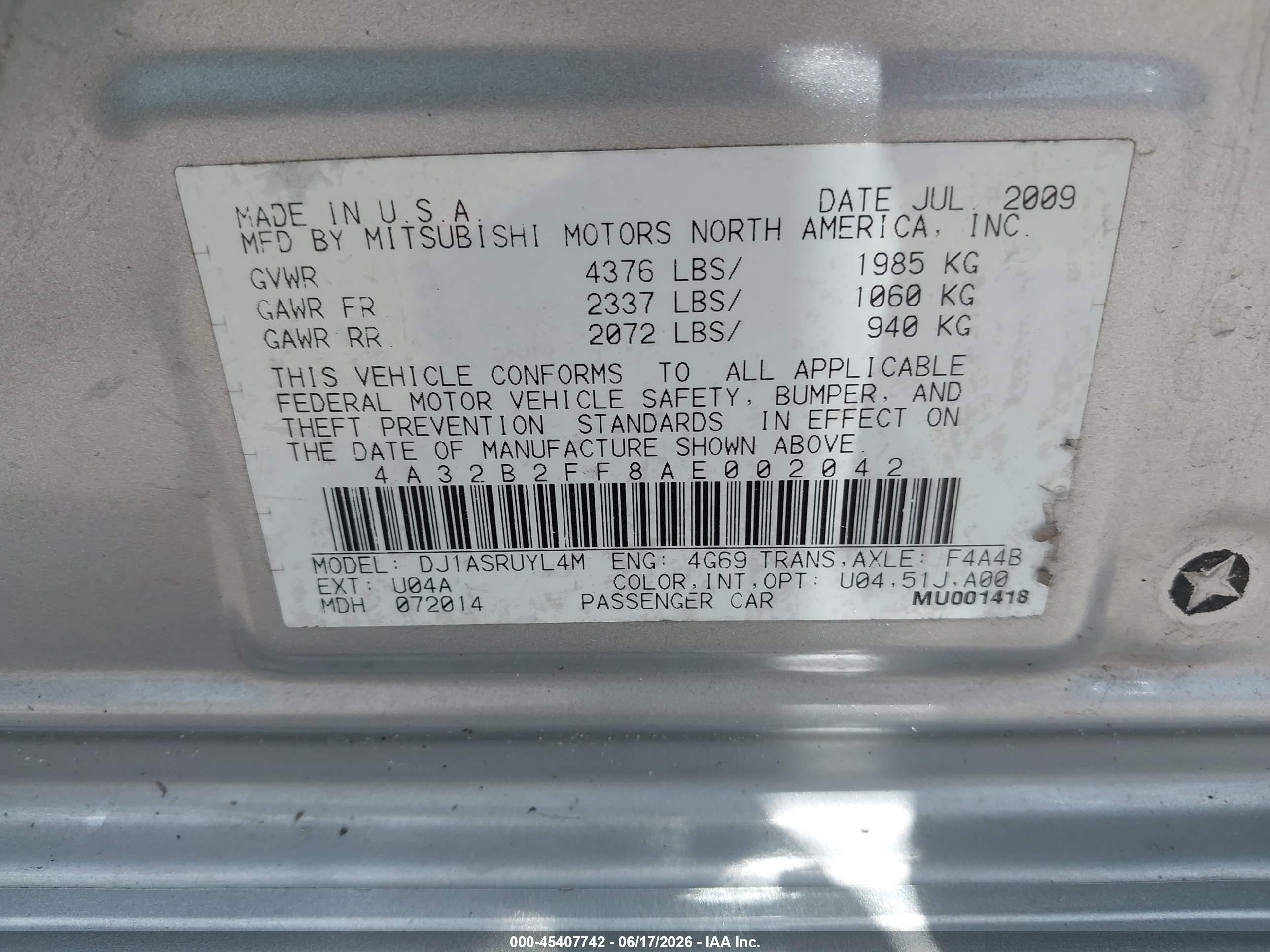 2010 Mitsubishi Galant Fe Silver vin: 4A32B2FF8AE002042