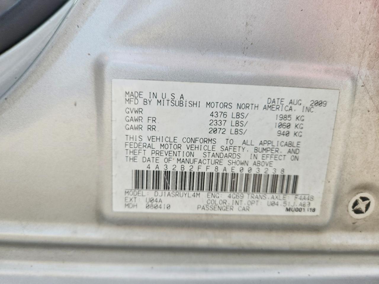 2010 Mitsubishi Galant Fe Silver vin: 4A32B2FF8AE003238