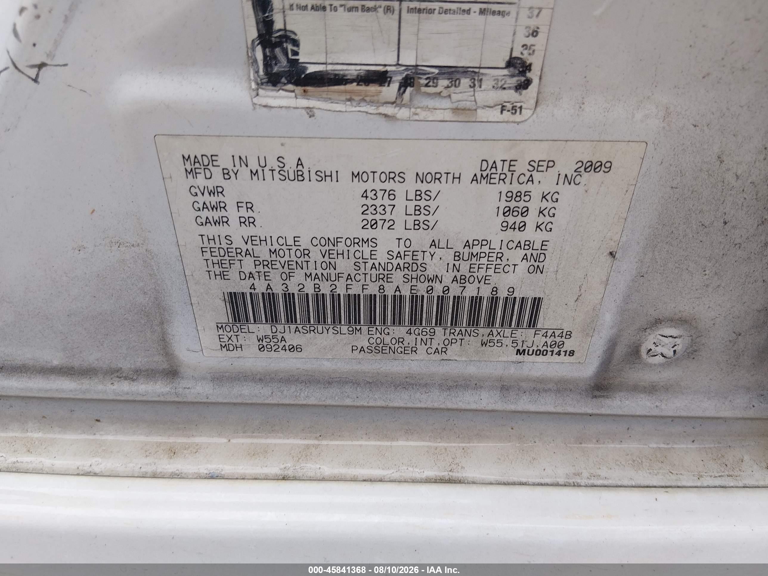 2010 Mitsubishi Galant Fe White vin: 4A32B2FF8AE007189