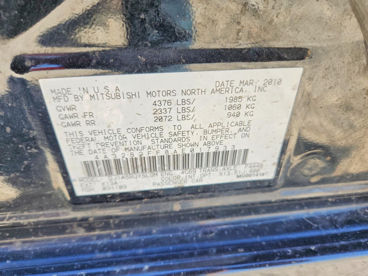 2010 Mitsubishi Galant Black vin: 4A32B2FF8AE017933